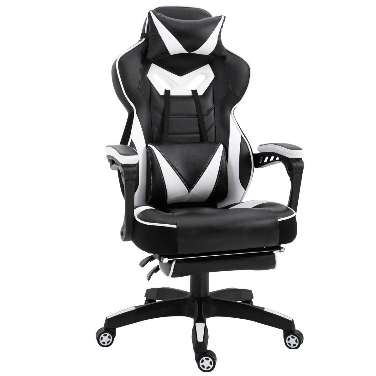 VINSETTO Vinsetto Fauteuil de bureau gamer style baquet racing - pivotant, inclinable - coussin lombaire, tétière, repose-pieds inclus - revêtement synthétique blanc noir