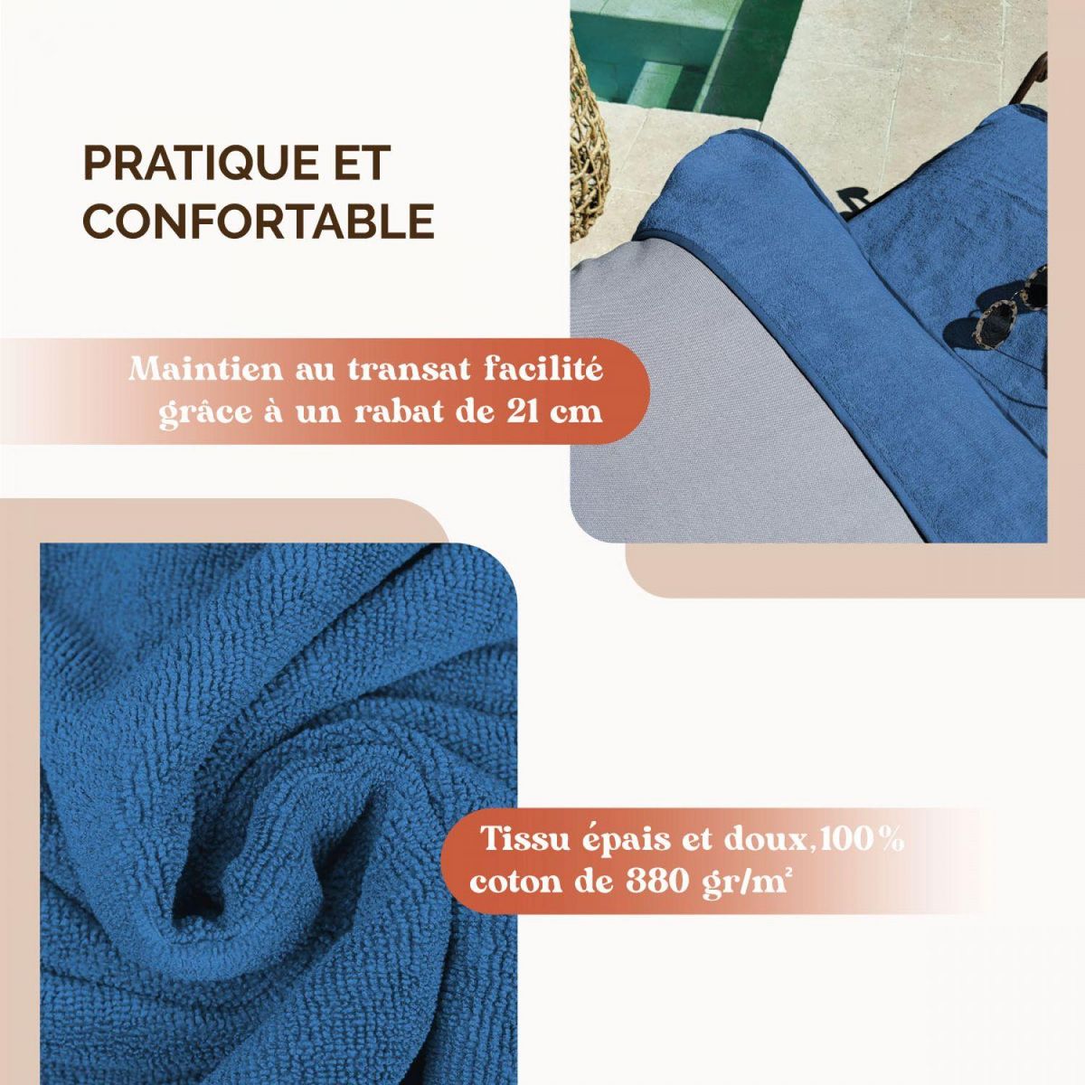 VIVEZEN Serviette de plage à rabat pour transat de bain, 100 % coton - 75 x 200 cm