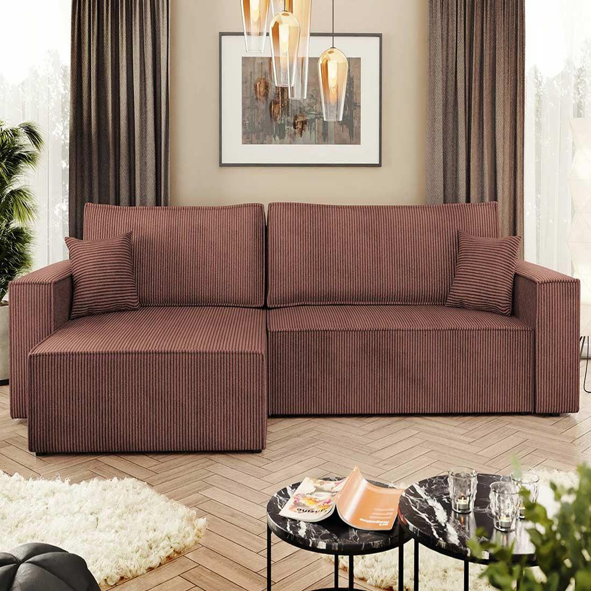 Voir la diapositive 3 : BEST MOBILIER Cezanne - canapé d'angle réversible 5 places convertible avec coffre en velours côtelé