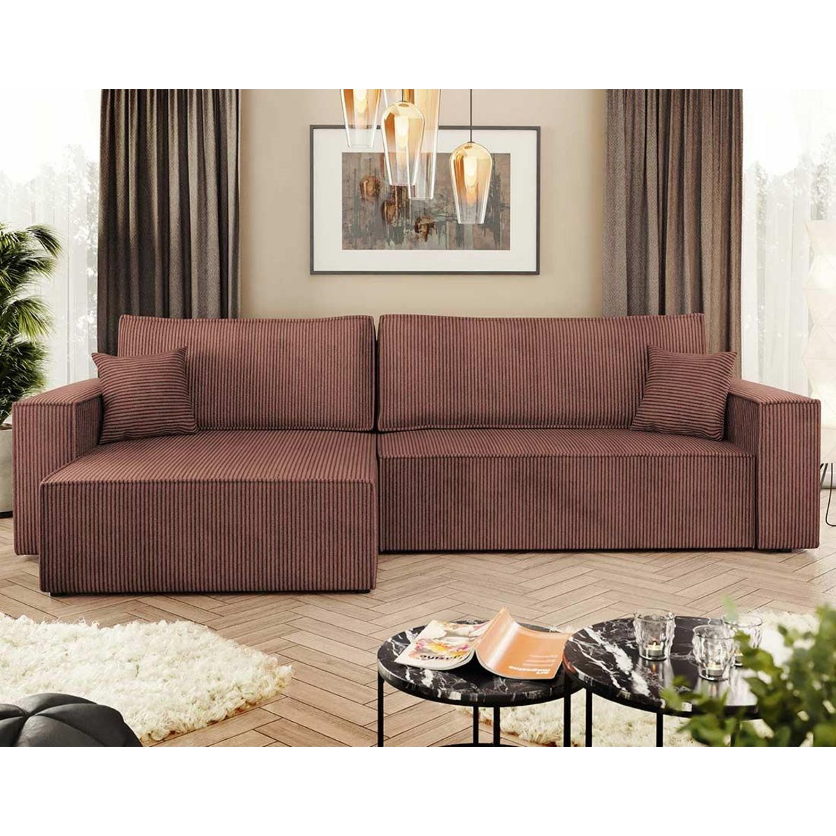 BEST MOBILIER Cezanne - canapé d'angle réversible 5 places convertible avec coffre en velours côtelé