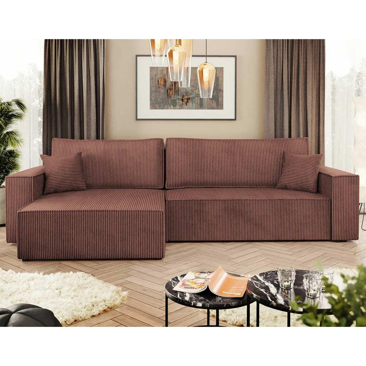 BEST MOBILIER Cezanne - canapé d'angle réversible 5 places convertible avec coffre en velours côtelé