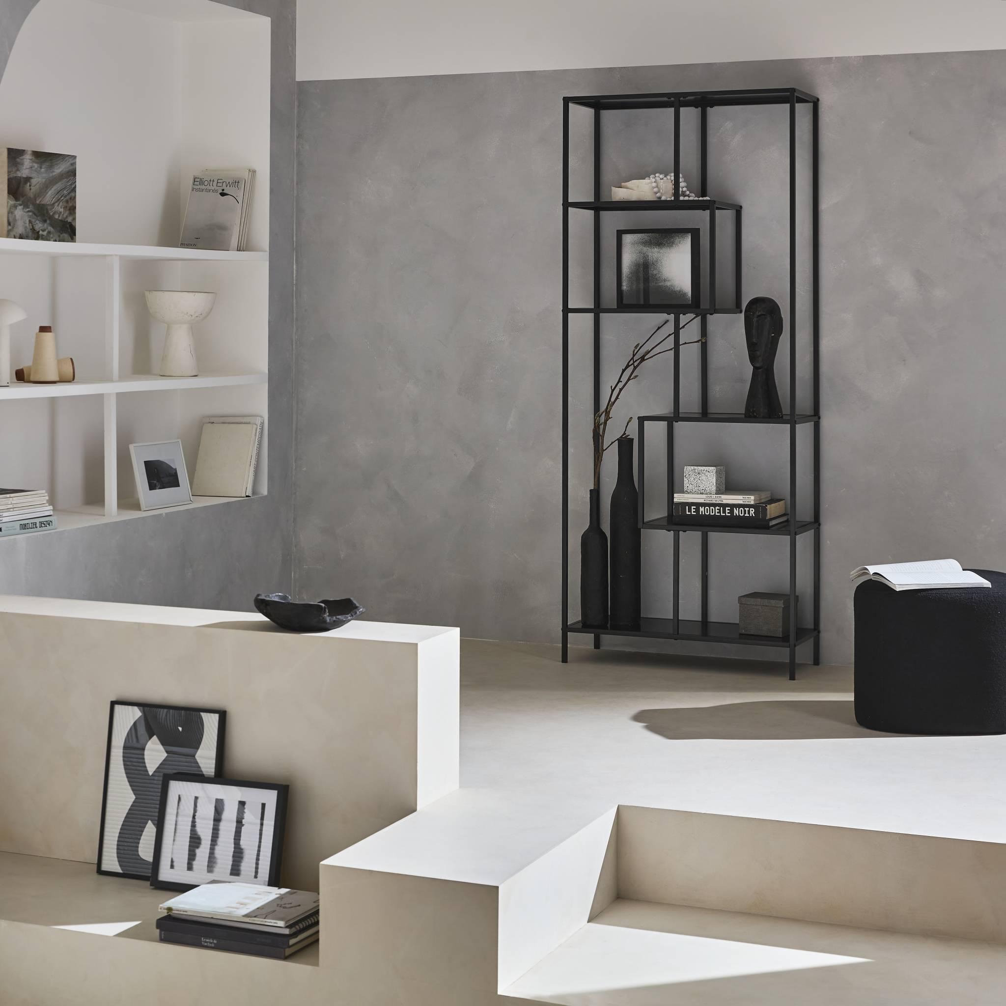 Voir la diapositive 2 : SWEEEK Etagère bibliothèque asymétrique 6 étages en métal noir INDUSTRIELLE L 77 x P 33 x H 185cm
