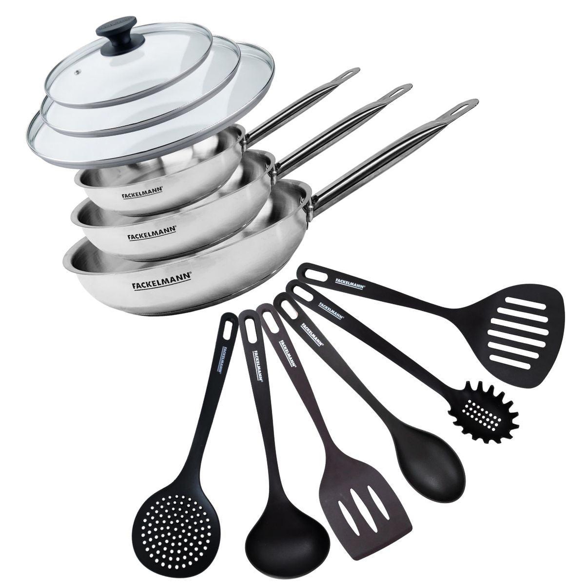 Fackelmann Set de 3 poêles de 20 24 et 28 cm en inox, 3 couvercles en verre et 6 ustensiles fackelmann eterna