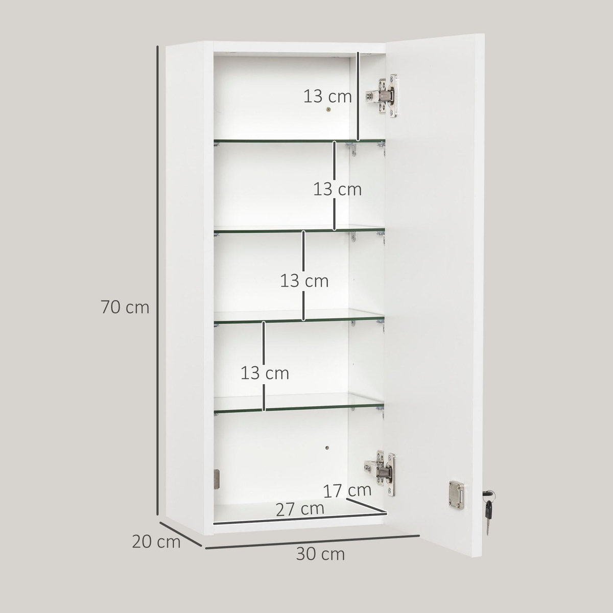 KLEANKIN Armoire à pharmacie murale verrouillable - 5 niveaux - verre panneaux blanc