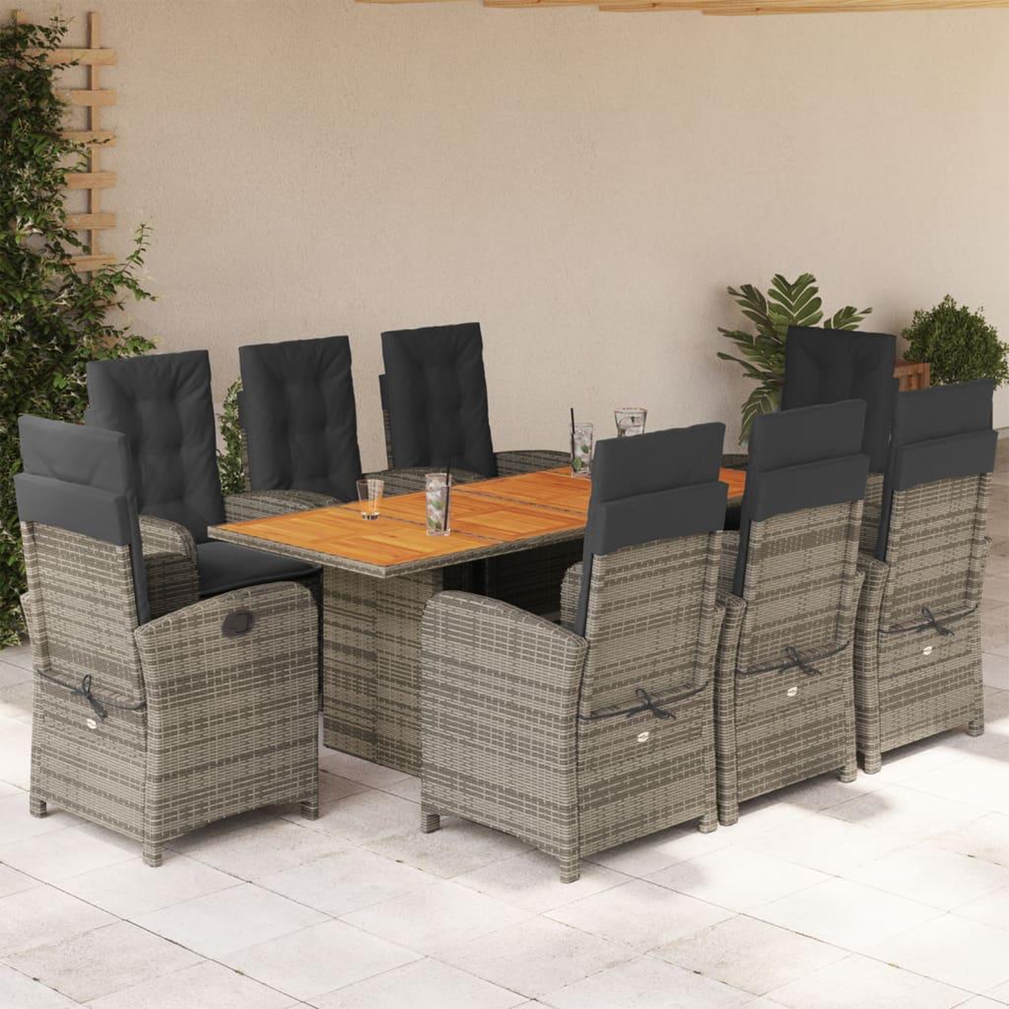 VIDAXL Ensemble a manger de jardin 9 pcs coussins gris resine tressee