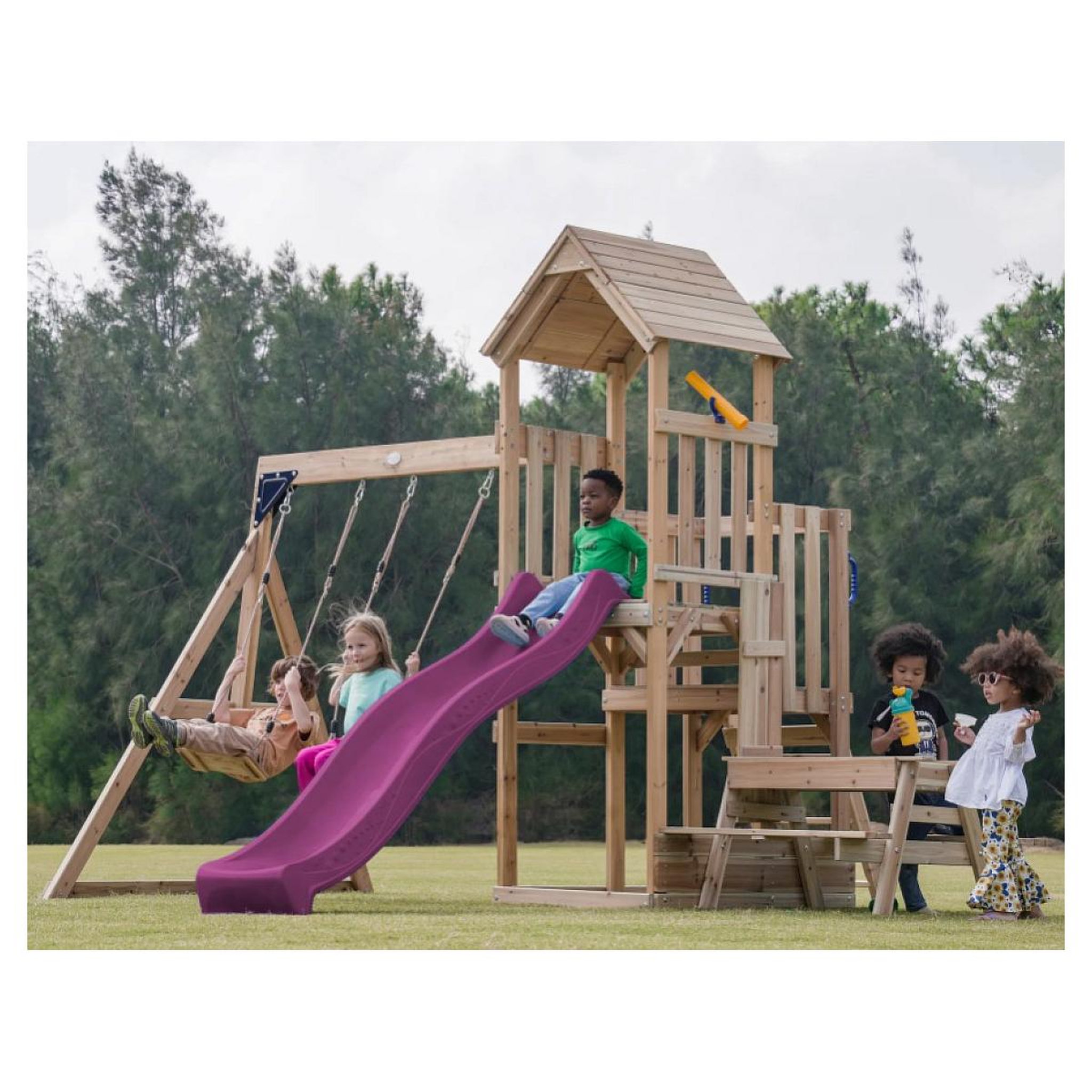 Voir la diapositive 3 : Axi House Portique Mette 2 balançoires + table toboggan violet