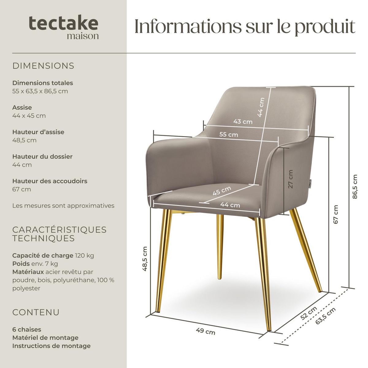 tectake Fauteuil en velours rembourré taupe Lot de 6