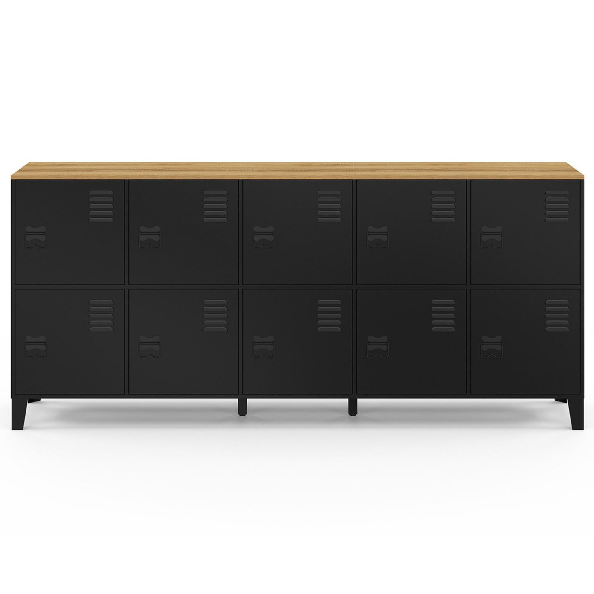 Voir la diapositive 3 : ID MARKET Buffet casier 180 cm ESTER 10 portes en métal noir plateau bois design industriel