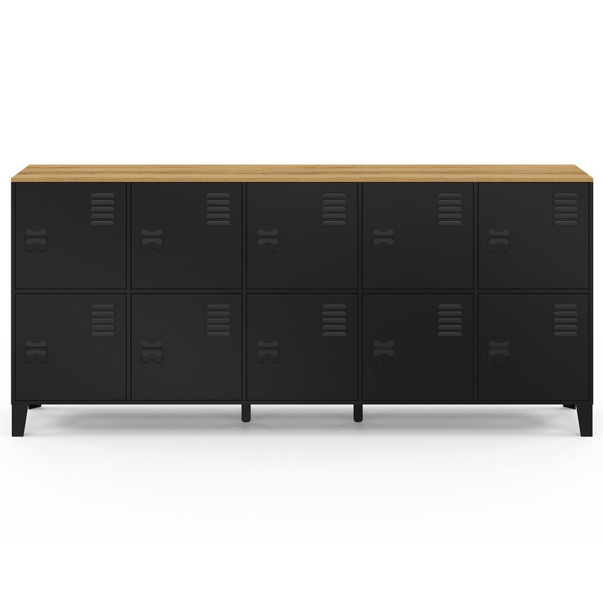 ID MARKET Buffet casier 180cm ESTER 10 portes en métal noir plateau bois design industriel