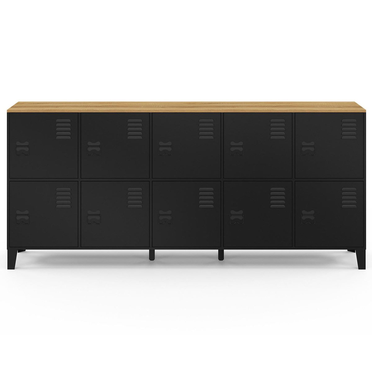 ID MARKET Buffet casier 180 cm ESTER 10 portes en métal noir plateau bois design industriel
