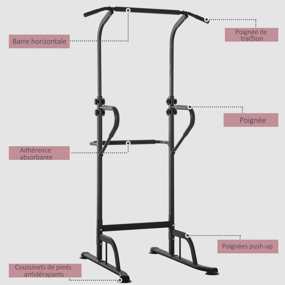 HOMCOM Station de musculation multifonction barre de traction chaise romaine réglable acier noir