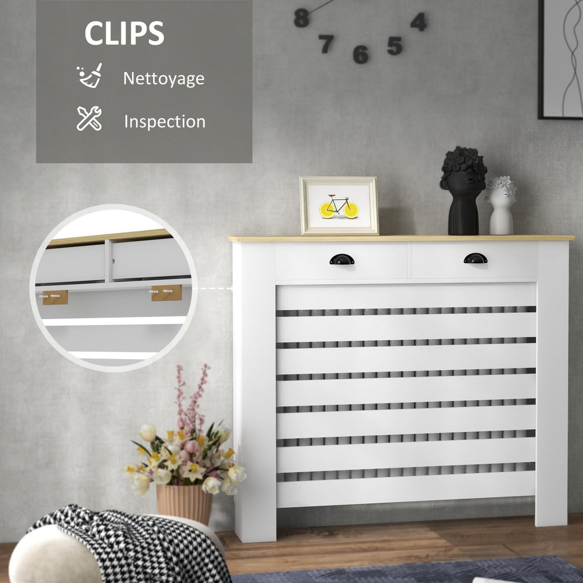 HOMCOM Cache-radiateur design panneau avec tiroirs - grille d'aération horizontale à lattes - dim. 111L x 19l x 95H cm - MDF effet bois clair blanc