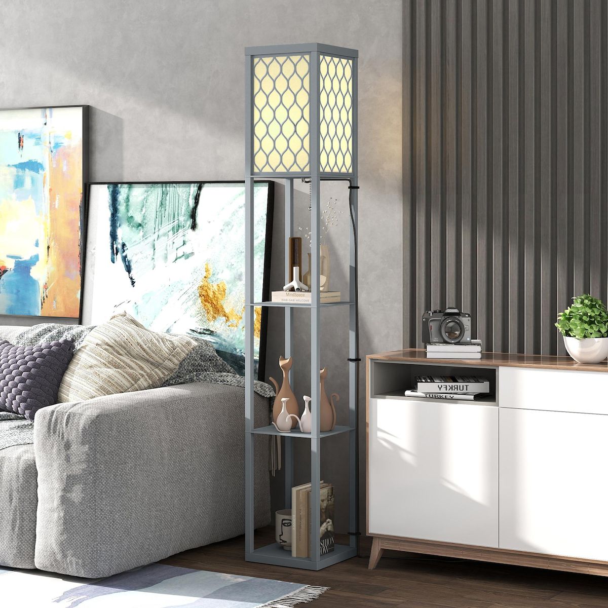 HOMCOM Lampadaire étagère lampe étagère 26L x 26l x 160H cm 3 étagères 4 niveaux MDF gris motif nid d'abeille