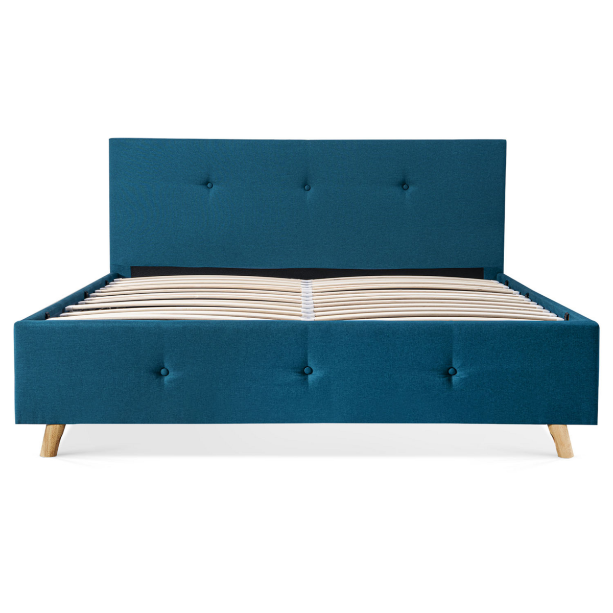 ID MARKET Lit coffre double scandinave LULEA avec tête de lit et sommier 140 x 190 cm tissu bleu canard