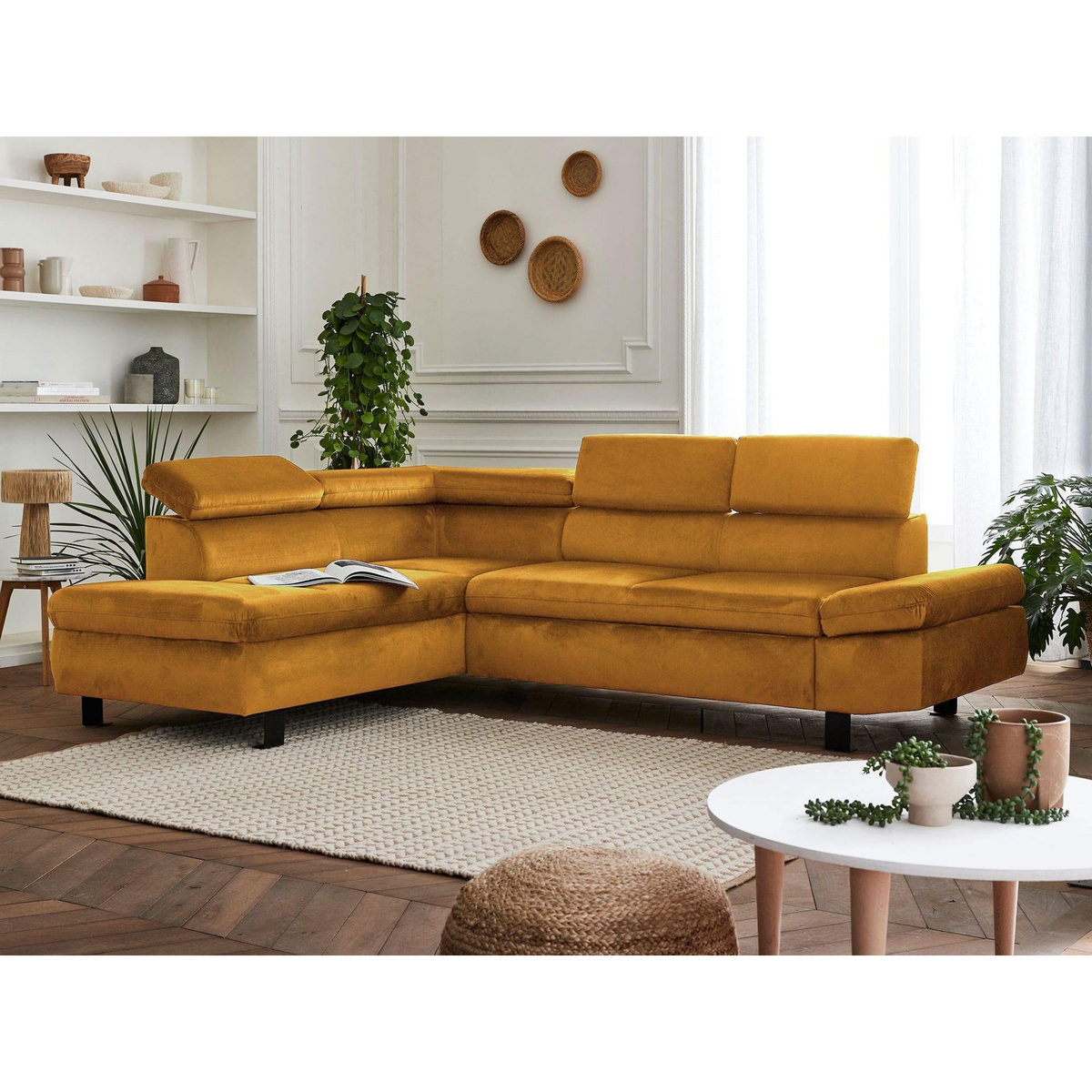 LISA DESIGN Nairobi - canapé d'angle convertible - en velours - 5 places - avec têtières - gauche