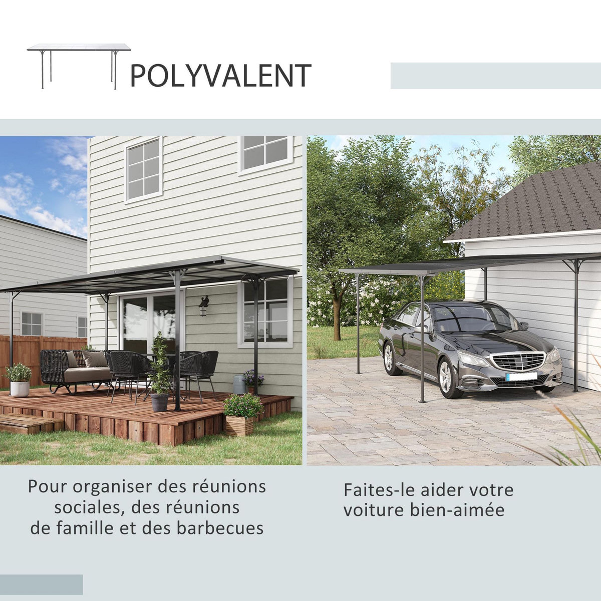 OUTSUNNY Pergola adossable rigide acier alu. toit polycarbonate dim. 5L x 2,99l x 2,23H m gris