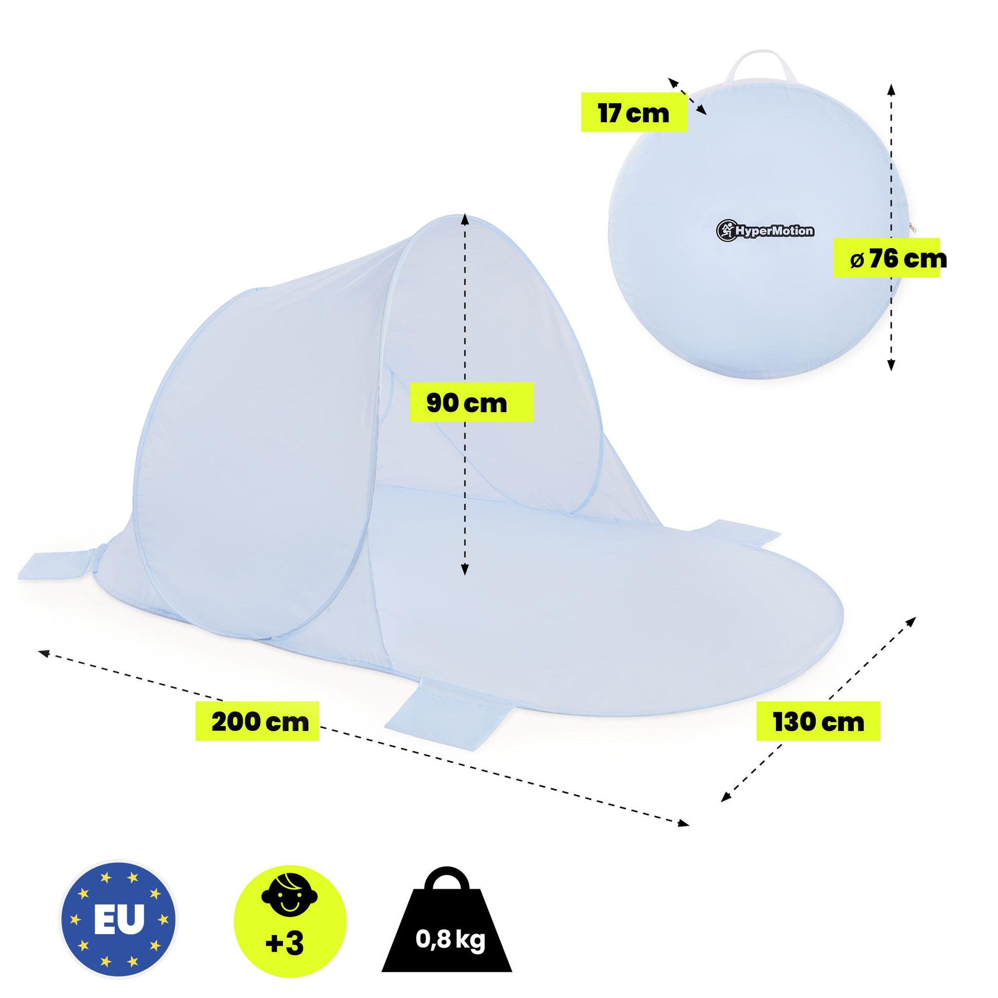 Voir la diapositive 3 : HYPERMOTION Tente de plage Pop-Up HyperMotion bleue avec tapis de sol 200 x 130 x 90 cm