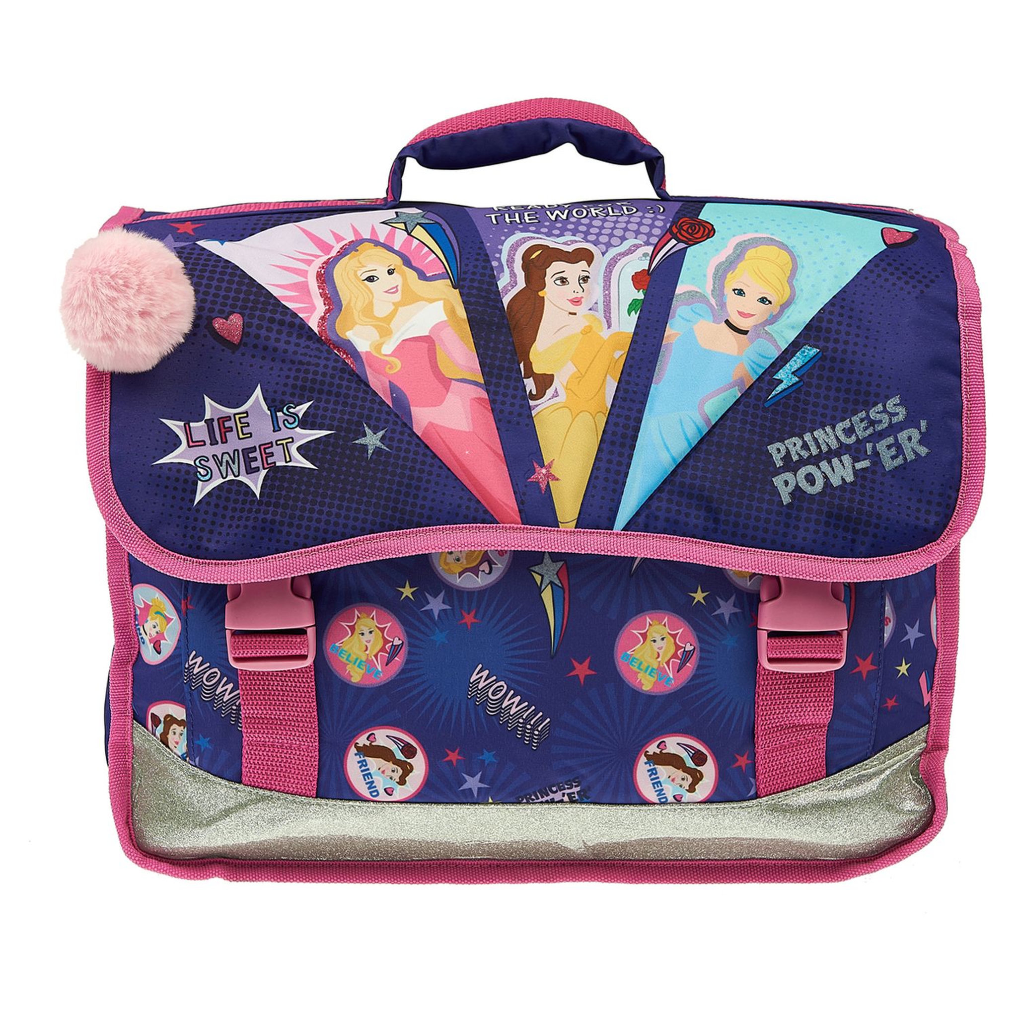 Voir la diapositive 2 : AUCHAN Cartable 38 cm avec pompon polyester violet PRINCESSES DISNEY