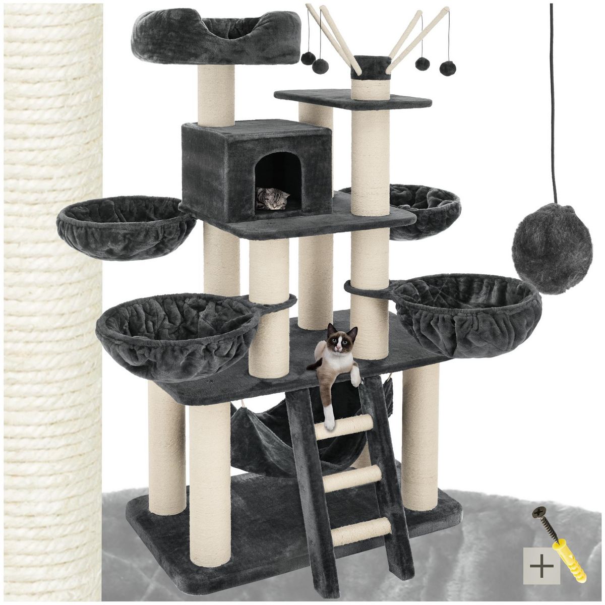 tectake Arbre à chat 195 cm avec griffoir et plateforme d'escalade gris/blanc