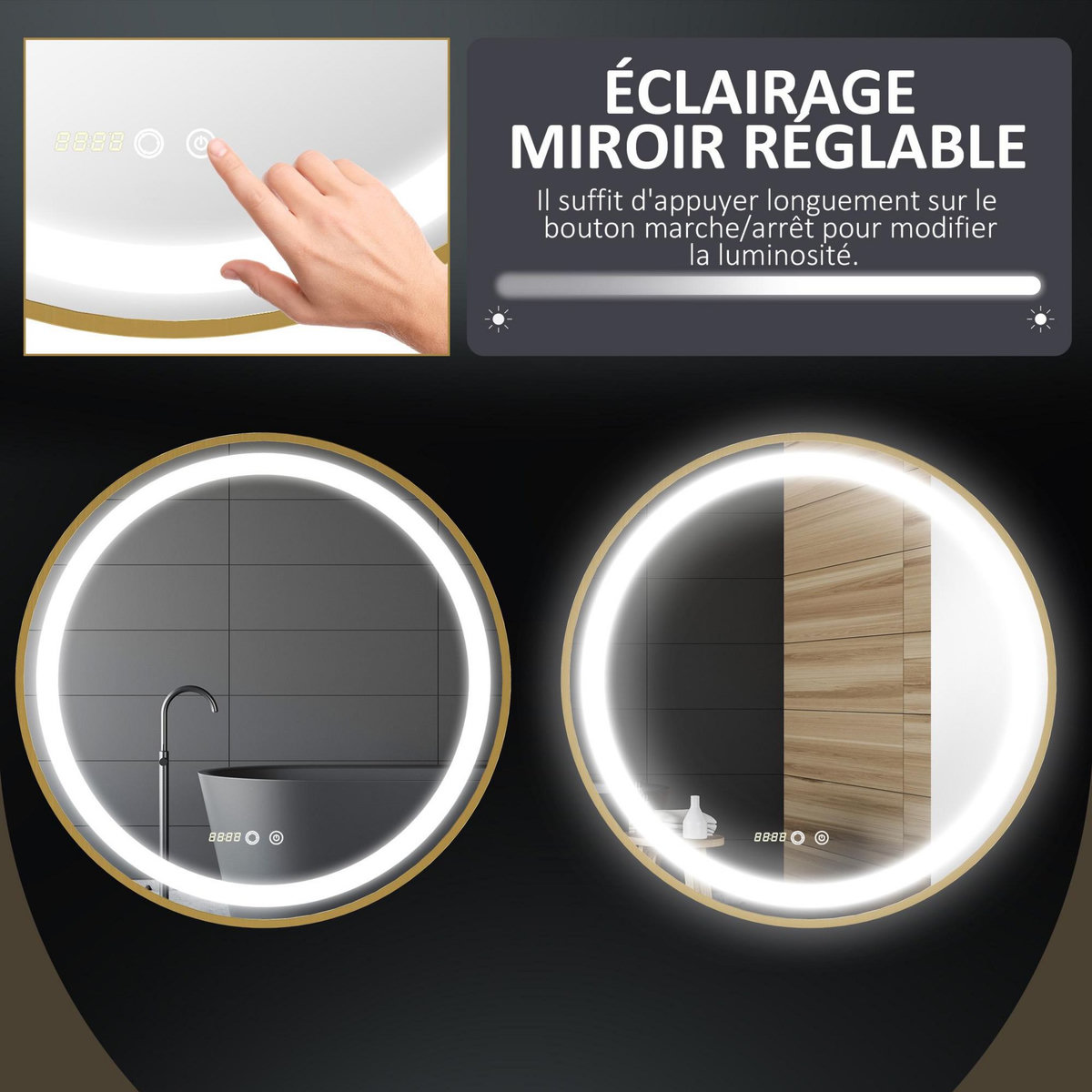 KLEANKIN Miroir rond LED tactile salle de bain dia. 60 cm - 3 couleurs température, affichage heure - alu doré
