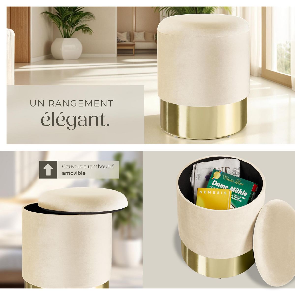 tectake Tabouret avec espace de rangement rond crème