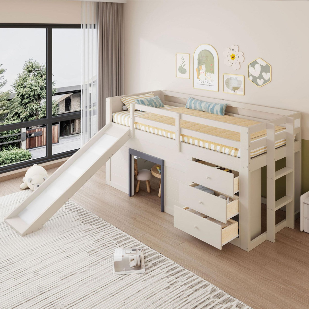 MERAX Lit enfant mi hauteur 90x200cm coloris crème mdf