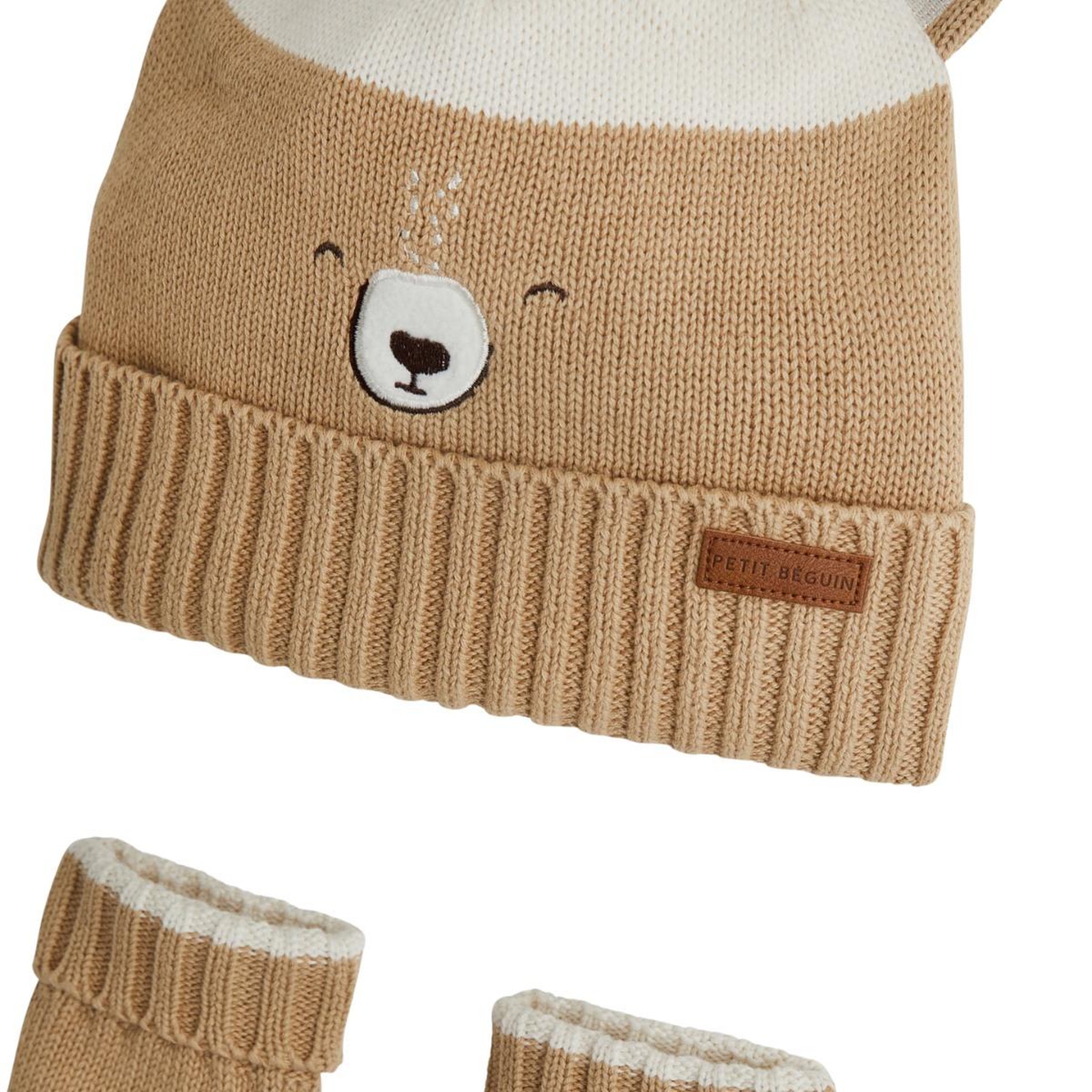 Voir la diapositive 3 : PETIT BEGUIN Bonnet bébé et moufles en tricot Moka