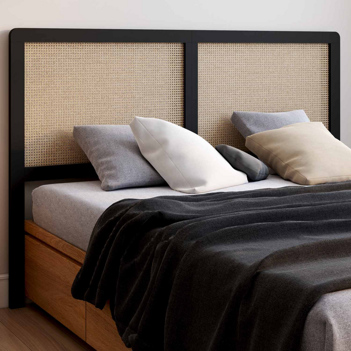 ID MARKET Tête de lit sur pied EDHEN 160 cm cannage et bois noir