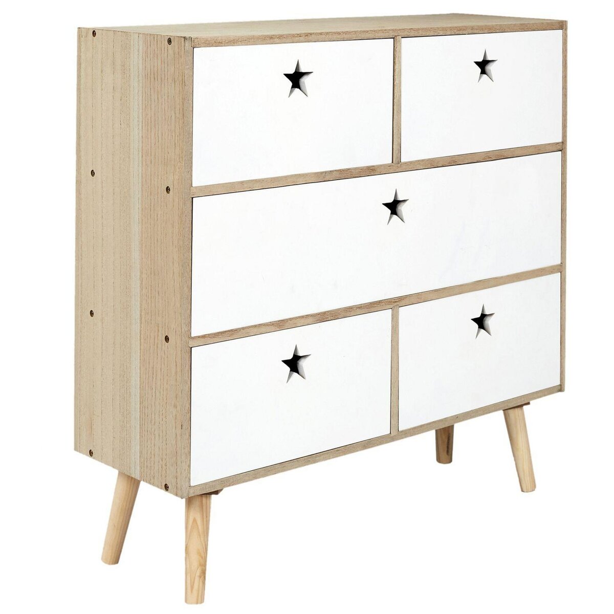 TOILINUX Commode 5 tiroirs Like a Star - en MDF et Bois de Pin - Blanc et Marron