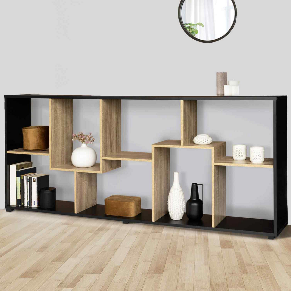 ID MARKET Etagère à double position TANIA bois noir et imitation hêtre L 161 cm