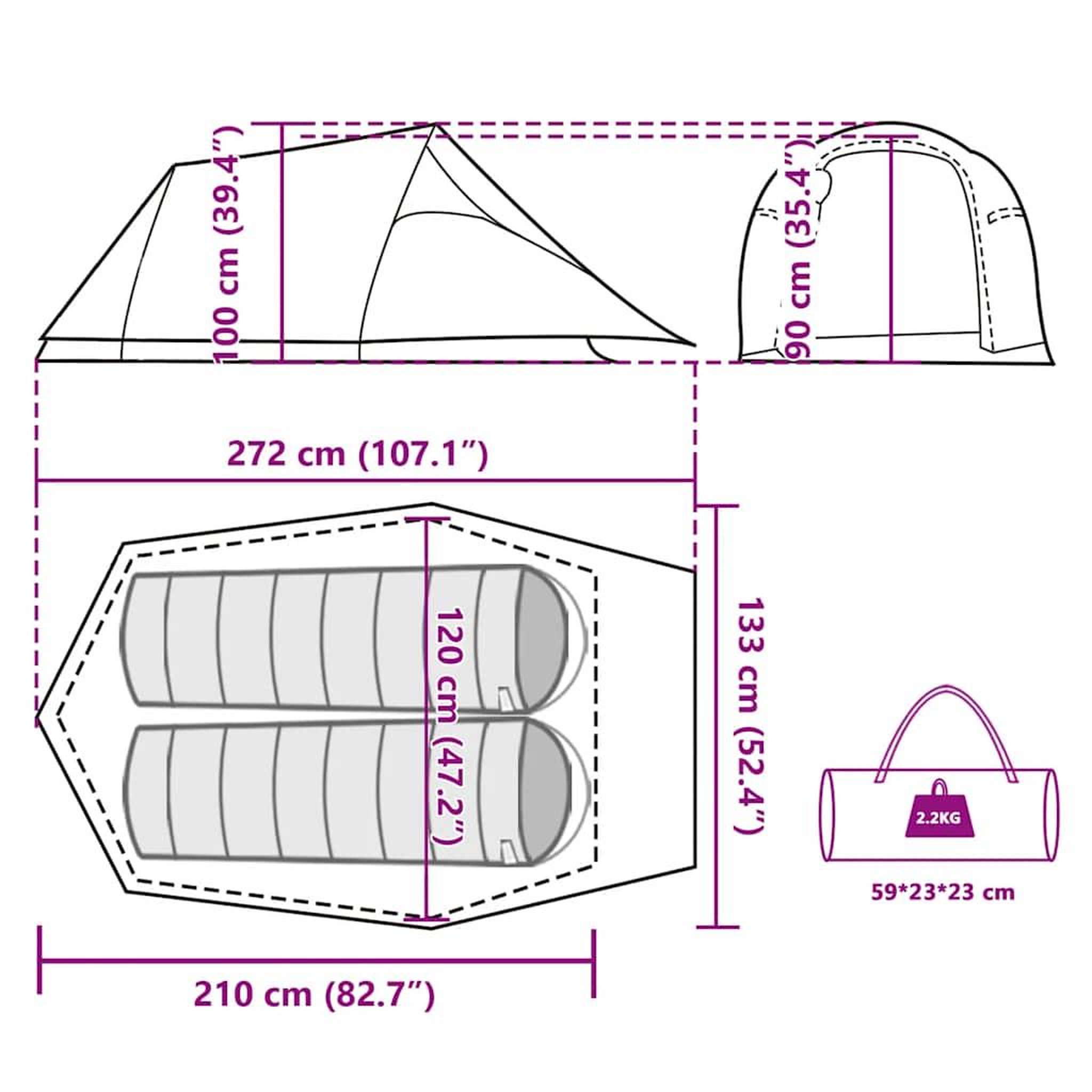 Voir la diapositive 6 : VIDAXL Tente de camping tunnel 2 personnes vert olive impermeable