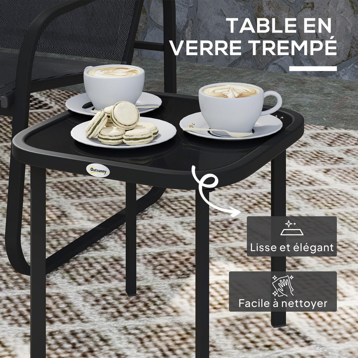 OUTSUNNY Ensemble bistrot de jardin relax 2 personnes 3 pièces plateau verre trempé acier textilène noir