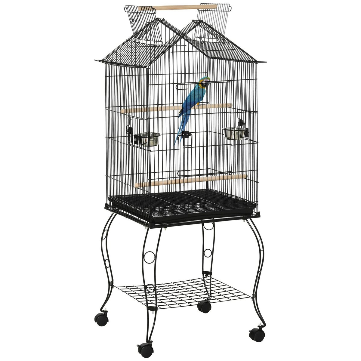 PAWHUT Cage à oiseaux sur pied volière avec 2 mangeoires perchoirs plateau amovible poignée et roulettes - 50 x 58 x 137-145 cm noir