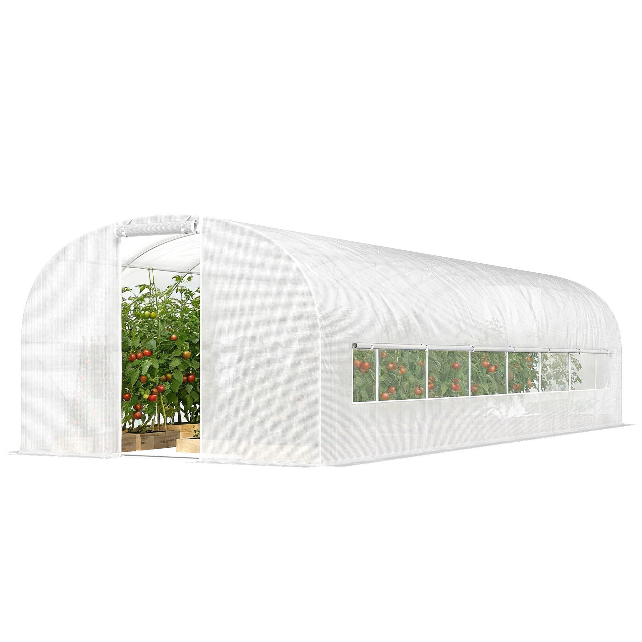 Voir la diapositive 5 : OUTSUNNY Serre tunnel de jardin 24m² 2 grandes fenêtres bâche pe 140 g/m² blanc