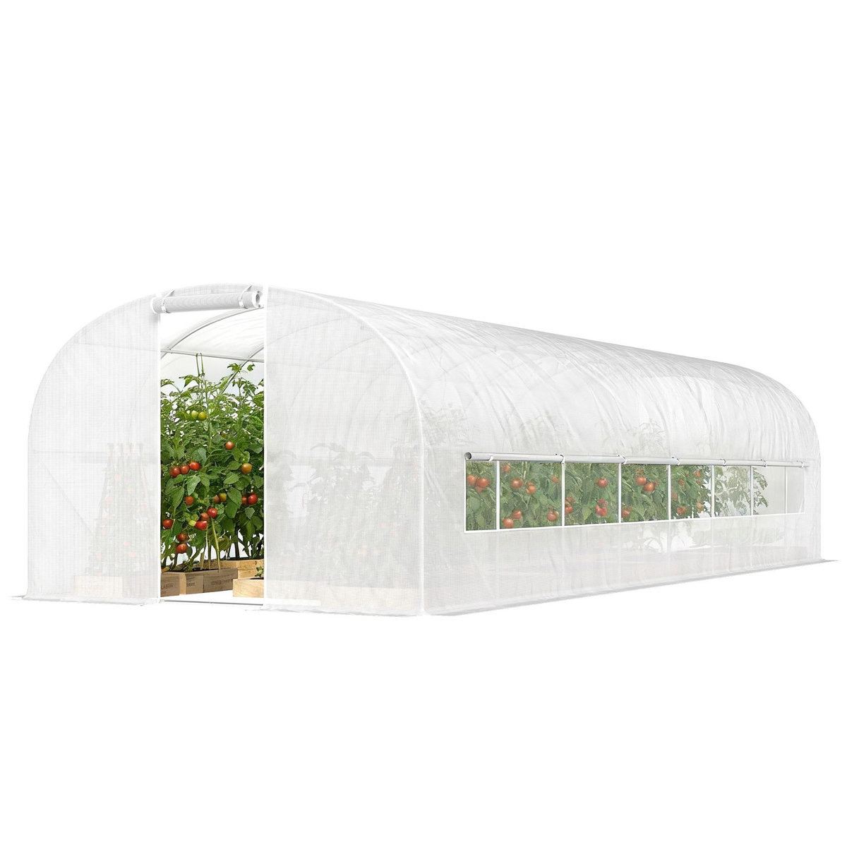 OUTSUNNY Serre tunnel de jardin 24m² 2 grandes fenêtres bâche PE 140 g/m² blanc