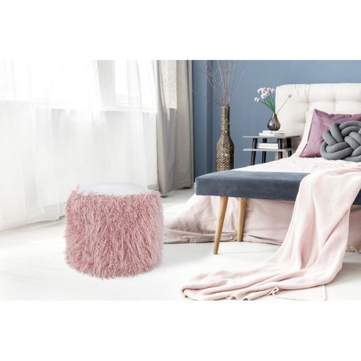Paris Prix Pouf Rond Imitation Fourrure  Bobtail  45cm Rose