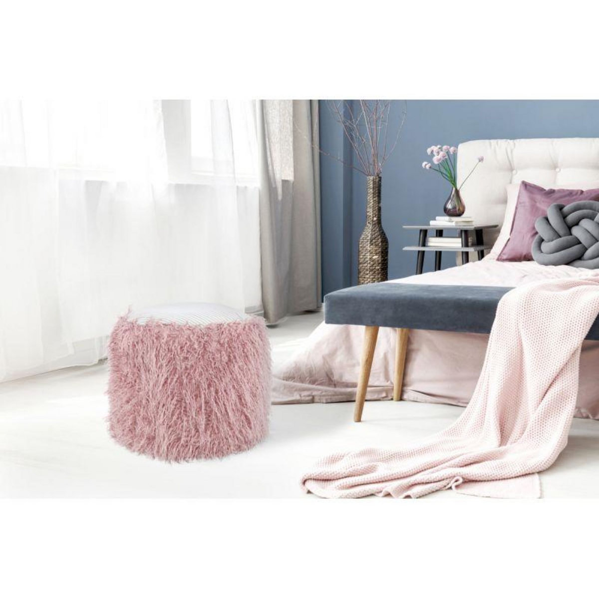 Paris Prix Pouf Rond Imitation Fourrure  Bobtail  45cm Rose