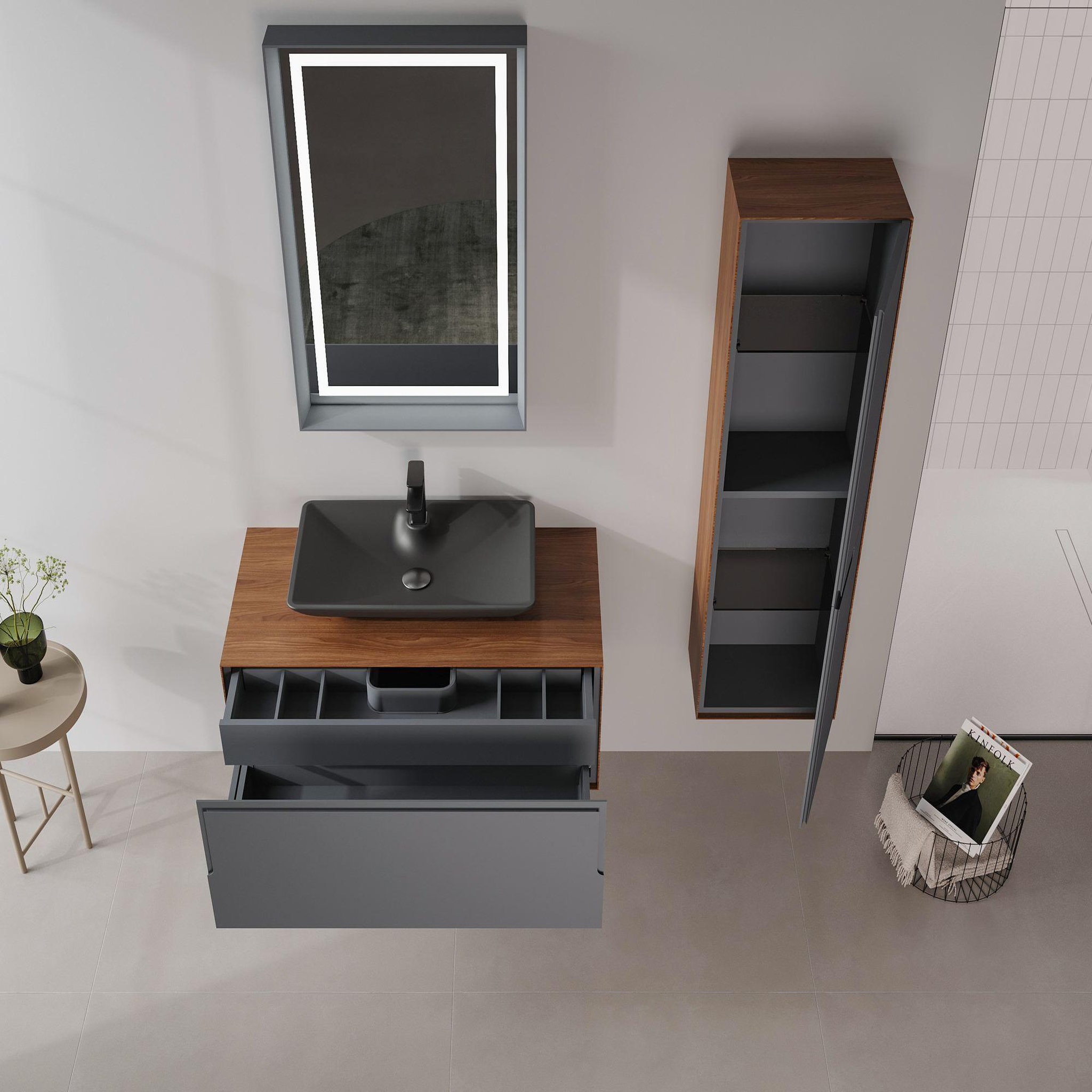 Voir la diapositive 3 : Habitat et Jardin Meuble avec simple vasque et miroir  Craft 100  - 100 x 50 x 40 cm - Walnut / Anthracite