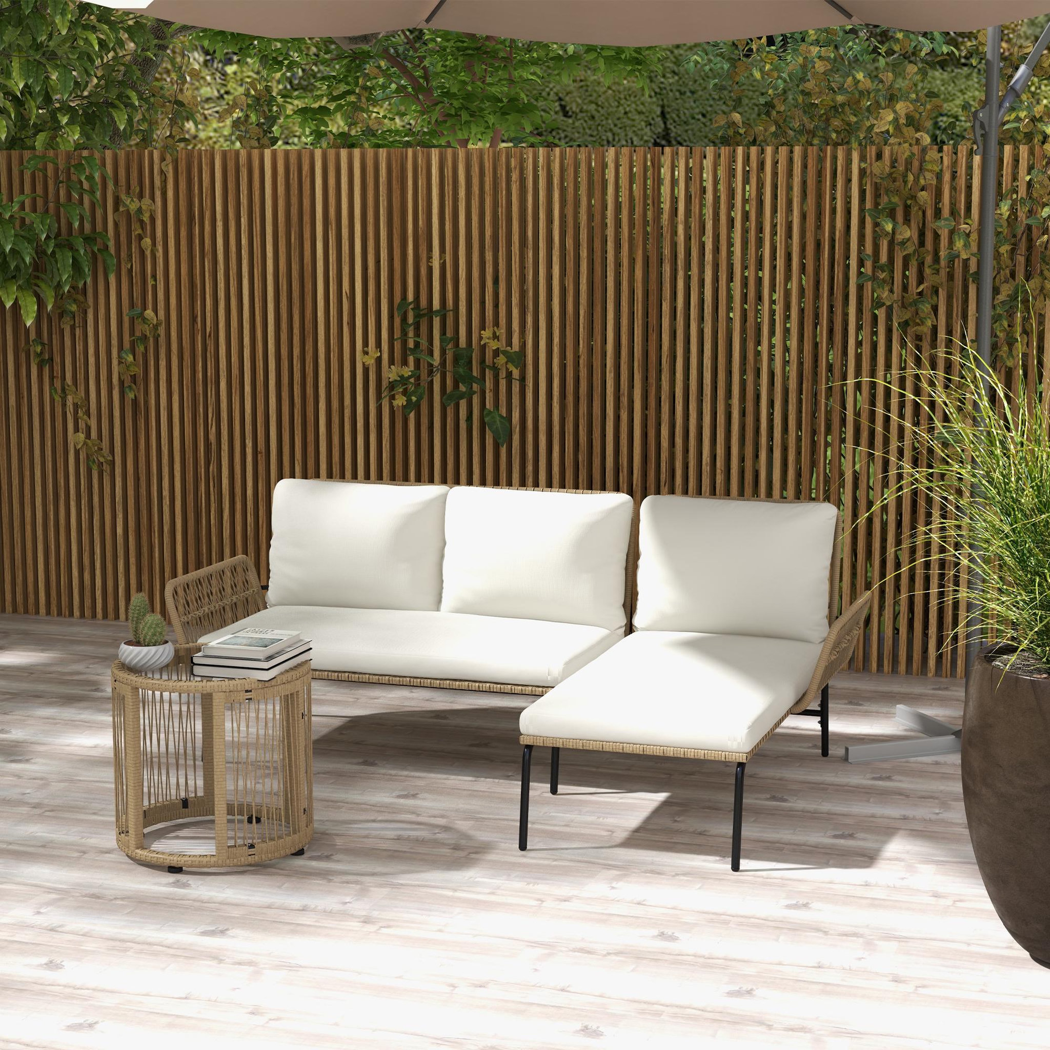 Voir la diapositive 6 : OUTSUNNY Salon de jardin d'angle 3 places résine tressée avec table basse et coussins