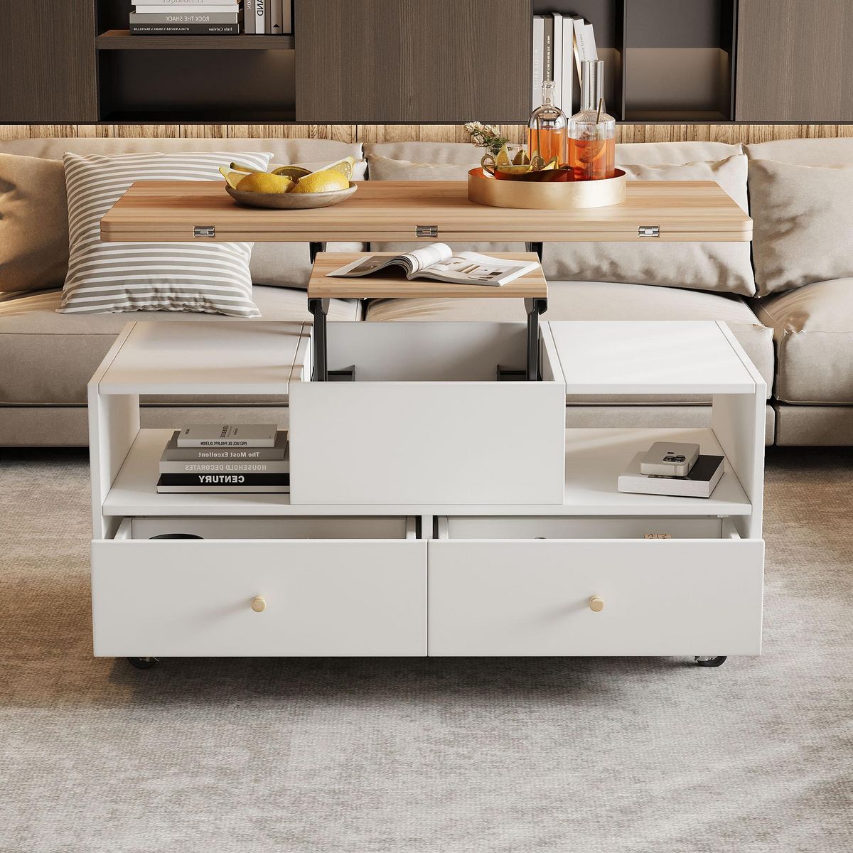 MERAX Table basse plateau relevable rectangulaire blanc+naturel - 50x100 cm mdf