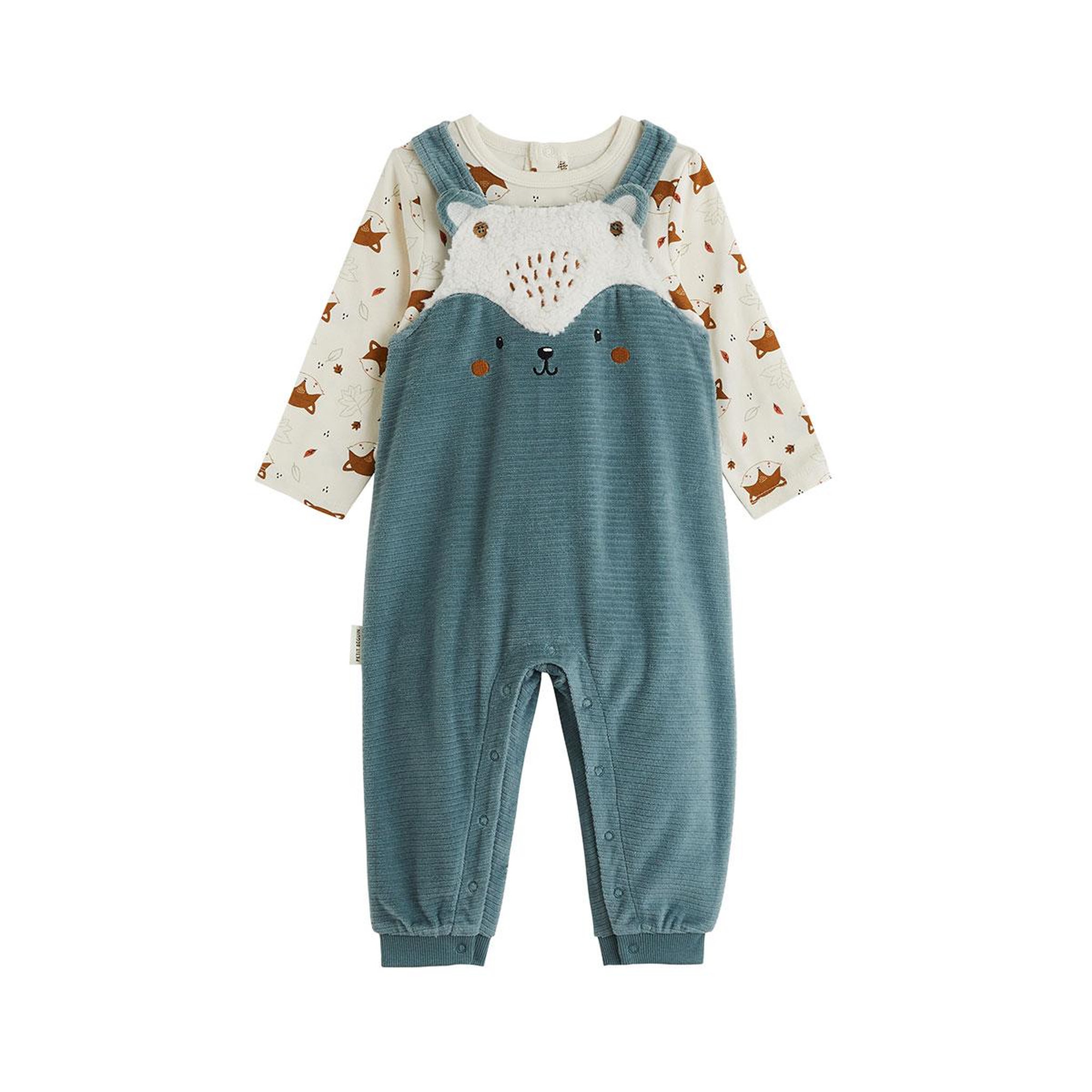 PETIT BEGUIN Ensemble salopette bébé en velours côtelé et t-shirt ginkgo. Coloris disponibles : Vert