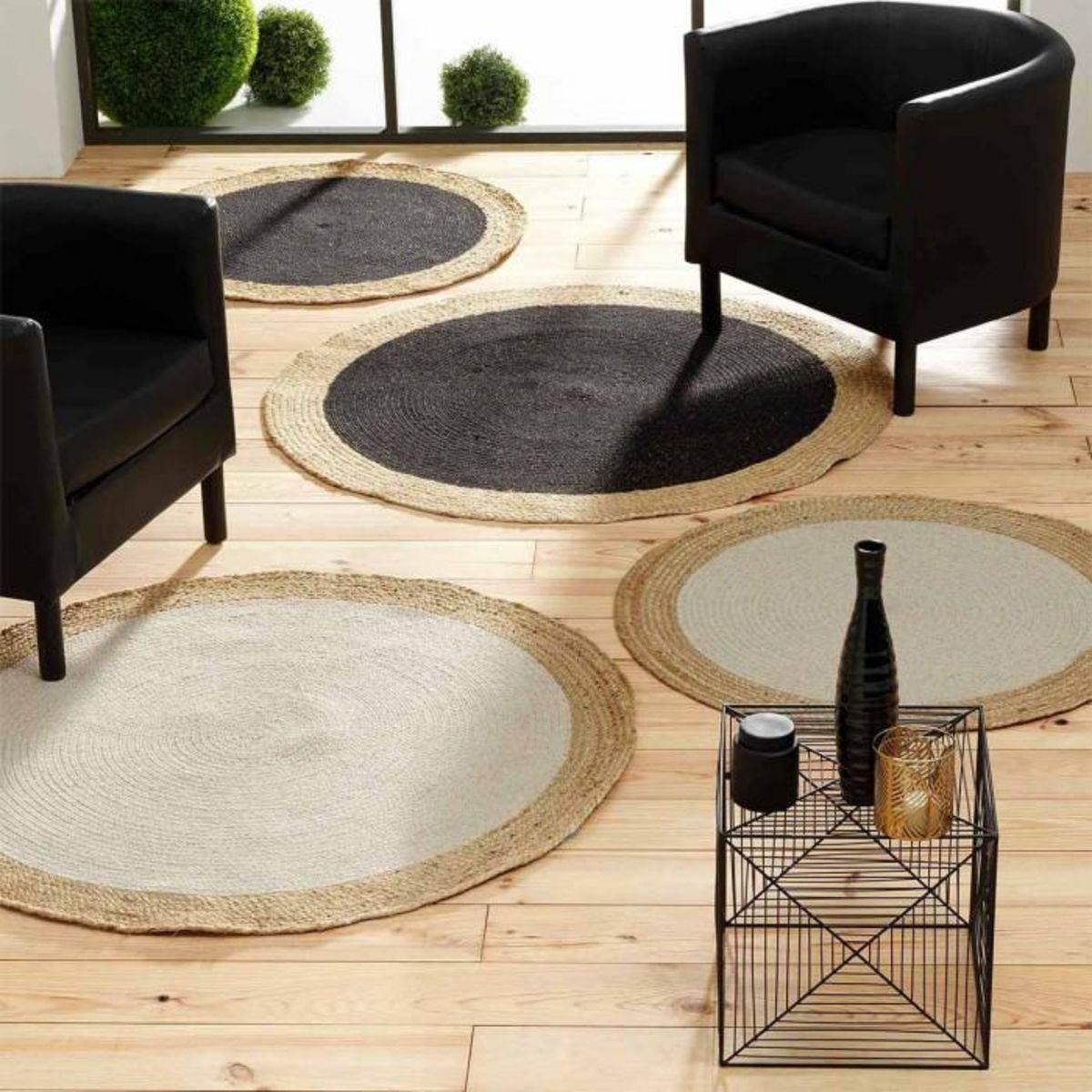 Paris Prix Tapis Déco Rond en Jute  Mario  90cm Noir & Or