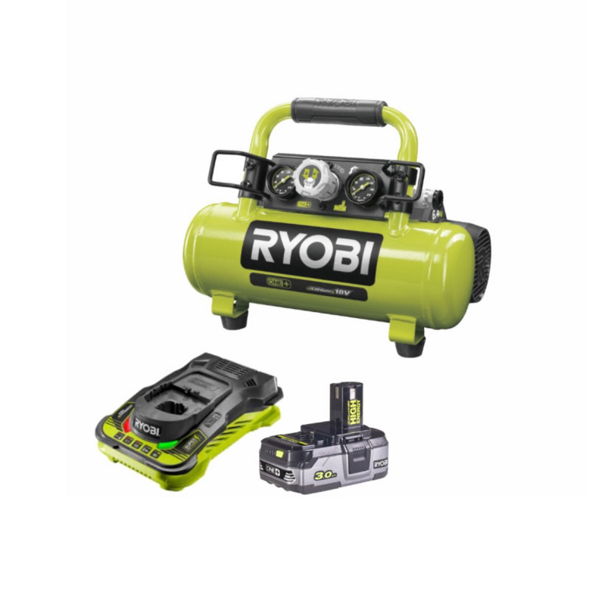 Ryobi Pack RYOBI Compresseur à cuve 18V One Plus 4L R18AC-0 - 1 Batterie 3.0Ah High Energy - 1 Chargeur u