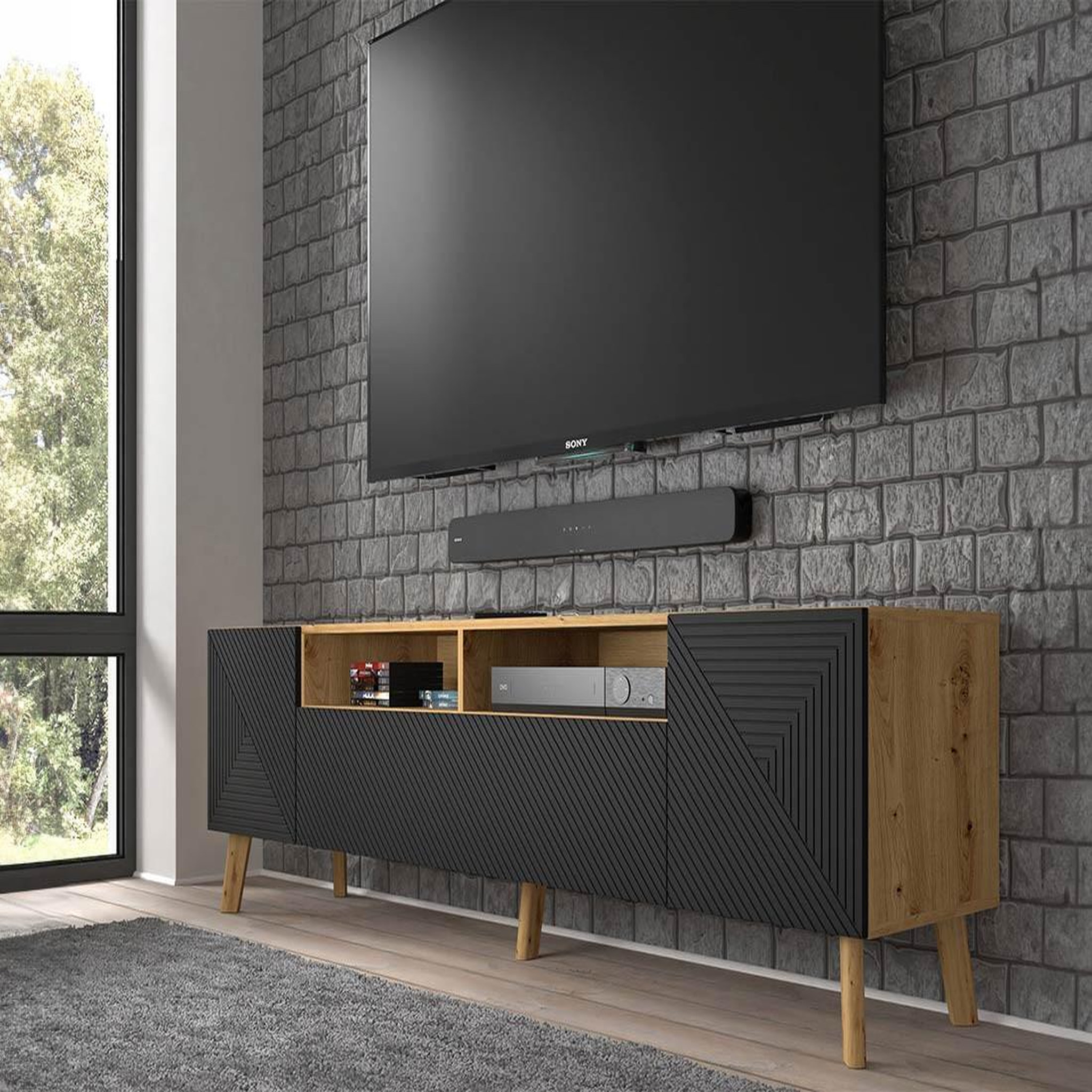 Voir la diapositive 3 : BEST MOBILIER Velato - meuble tv - effet bois et noir - 195 cm