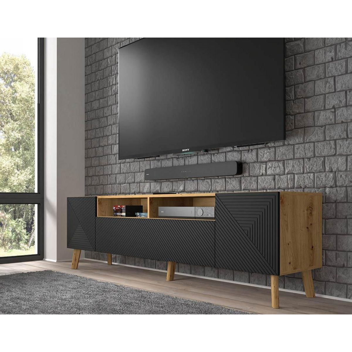 BEST MOBILIER Velato - meuble tv - effet bois et noir - 195 cm