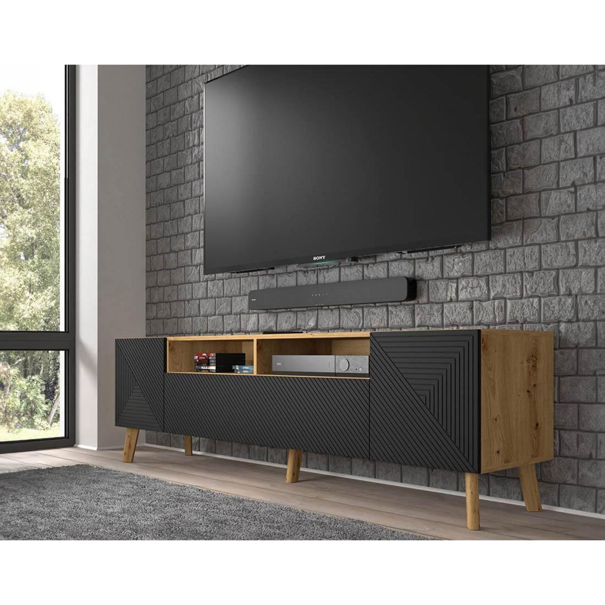 BEST MOBILIER Velato - meuble tv - effet bois et noir - 195 cm