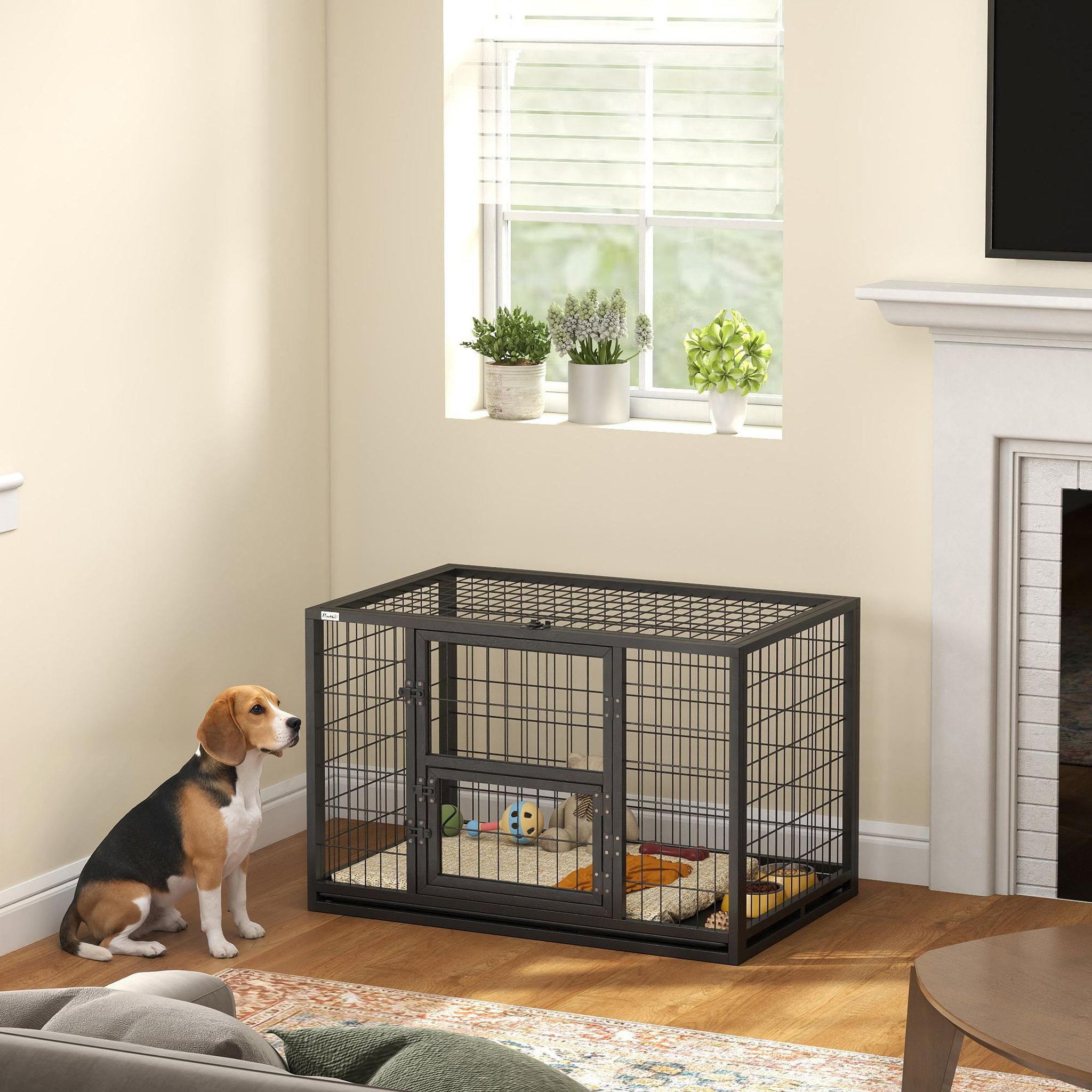 Voir la diapositive 2 : PAWHUT Cage pour chien 94 x 60 x 64 cm toit ouvrant trappes nourrissage porte acier noir