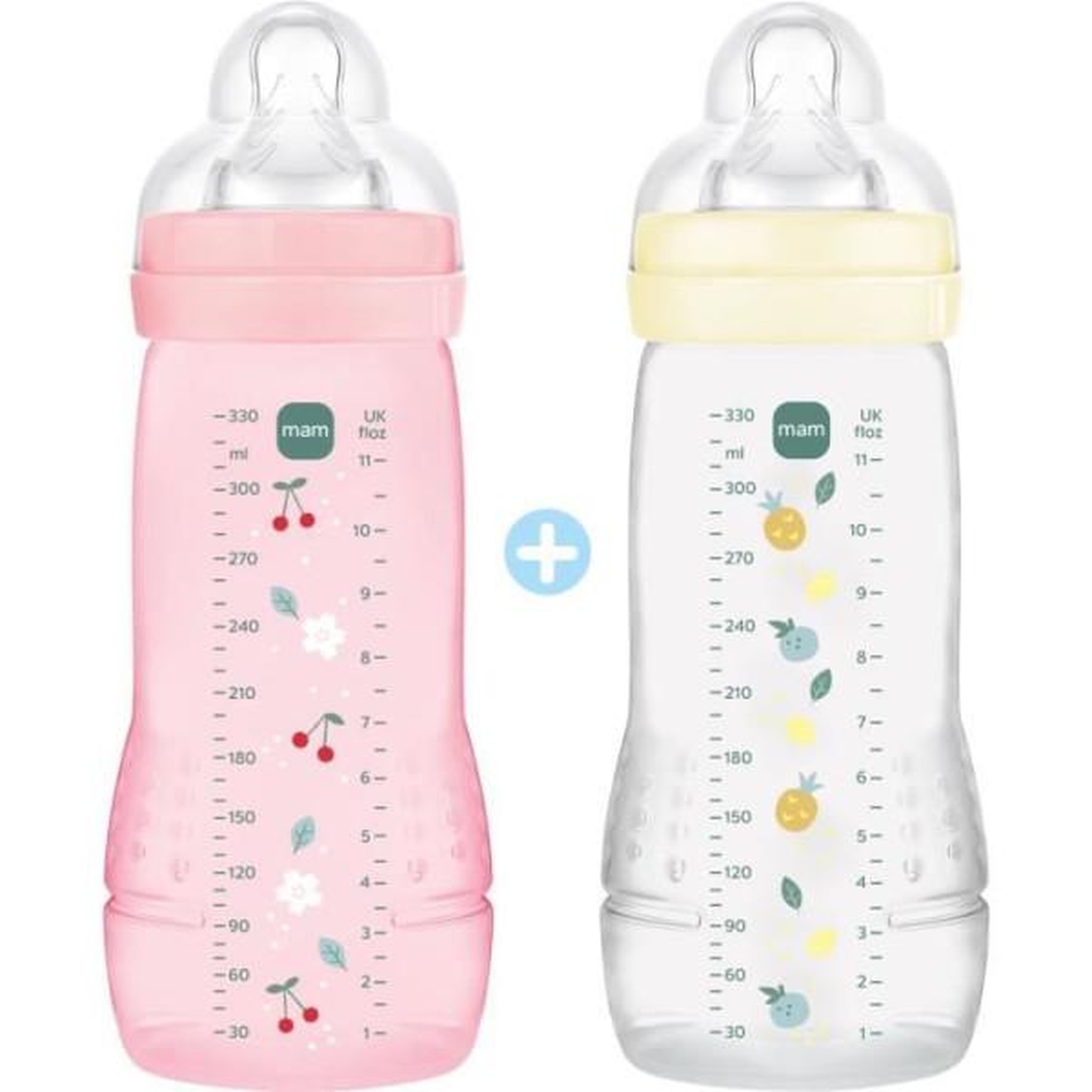 MAM Lot de 2 biberons - mam baby - easy active - +6 mois - 330 ml - tétine débit x - berry + pearl