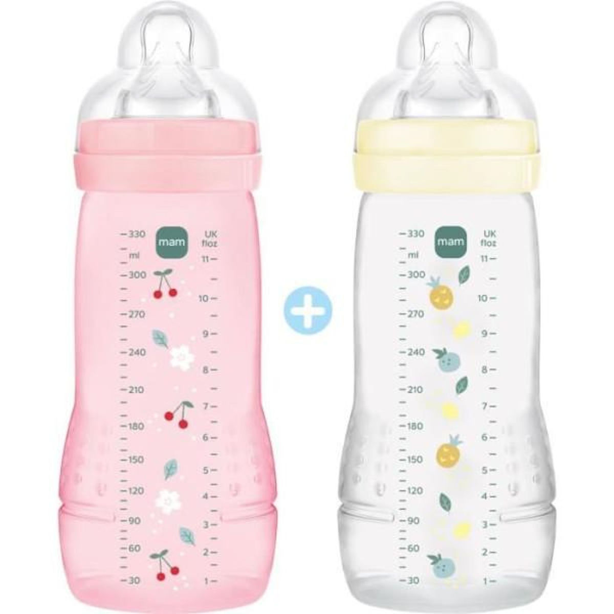 MAM Lot de 2 Biberons - MAM BABY - Easy Active - +6 mois - 330 ml - Tétine débit X - Berry + Pearl