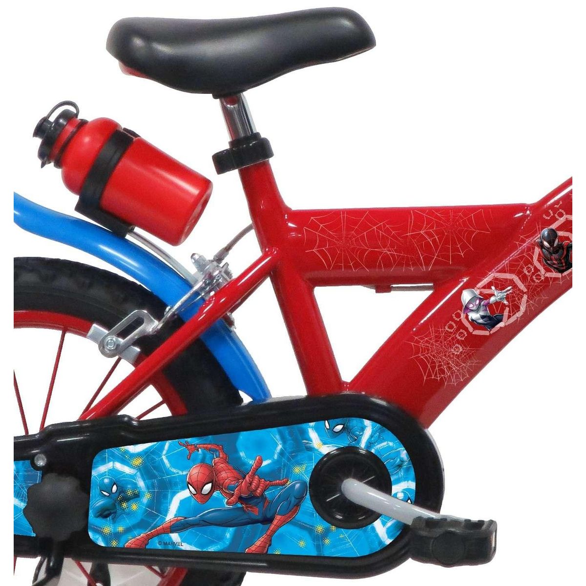 Marvel Vélo enfant - Modèle 14'' Spiderman + Casque pour enfant de 95/110 cm avec stabilisateurs - Plaque décorative avant - Porte bidon - 2 freins